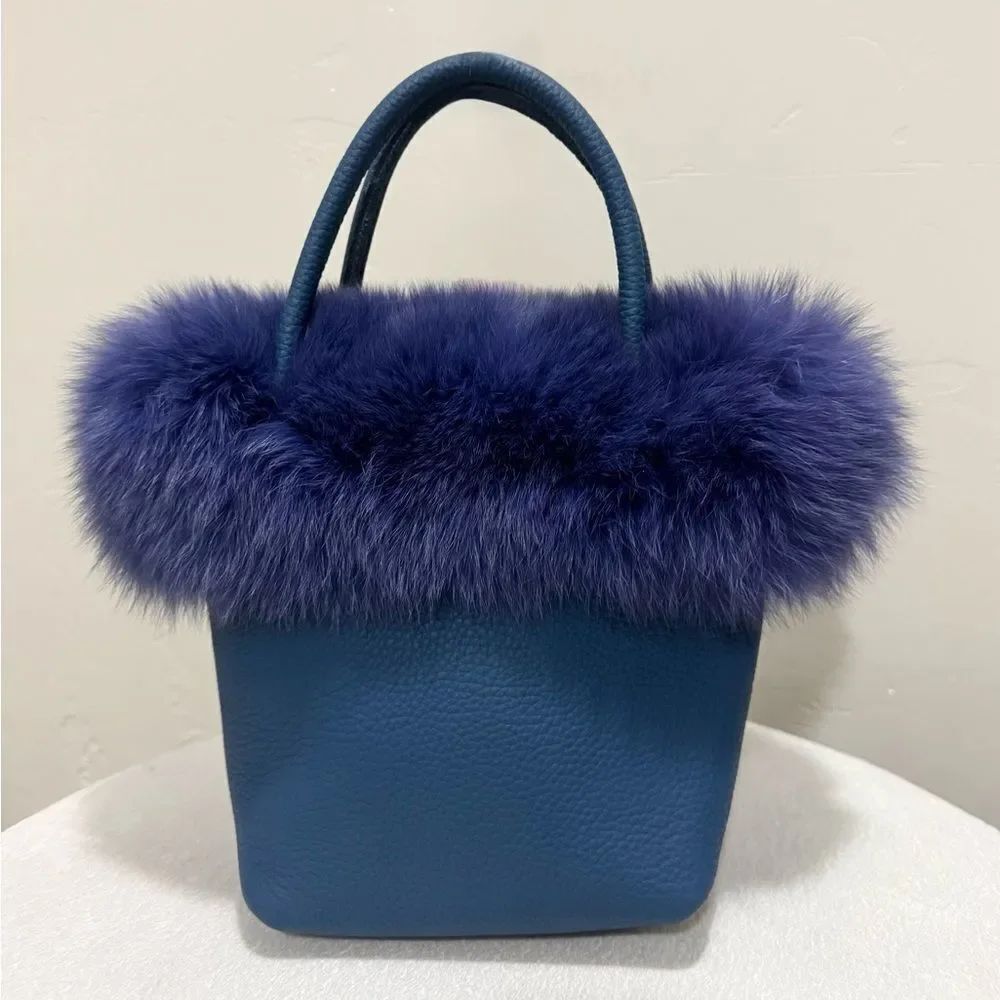 Premium Real Fox Fur Trimmed With Togo Cowhide Handmade Tote Bag/Crossbody